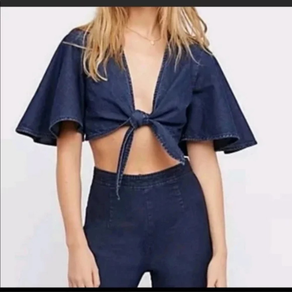 Free People Denim Tie Front Crop Top, Size 4